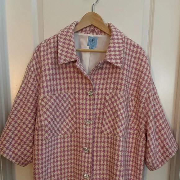 CeCe Pink & Cream Houndstooth Jacket with Crystal Buttons 2X - Picture 2 of 7